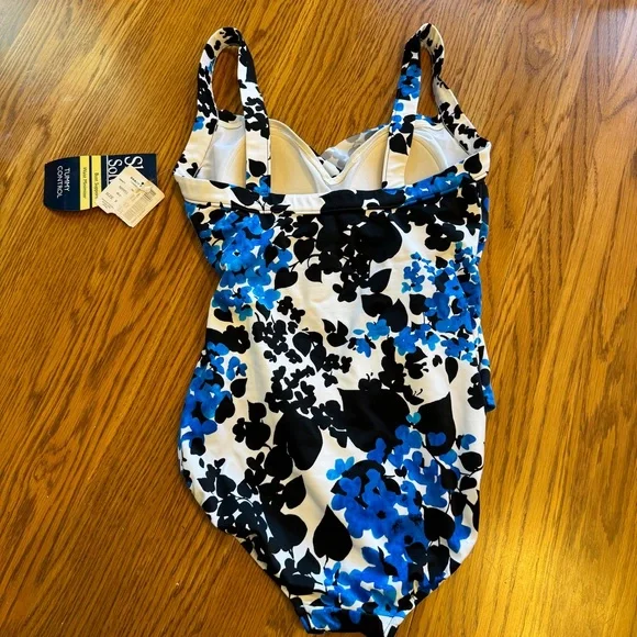 NEW SHAPE SOLVER floral tummy control one piece swimsuit in blue black‎ size 6 - Picture 3 of 6